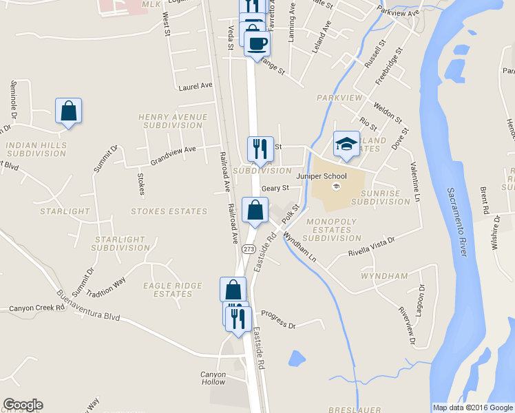 map of restaurants, bars, coffee shops, grocery stores, and more near 2320 Wyndham Lane in Redding