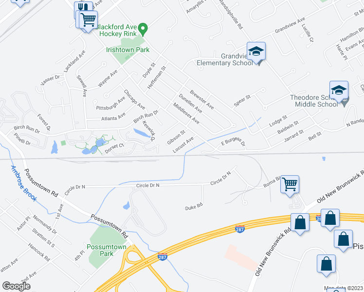 map of restaurants, bars, coffee shops, grocery stores, and more near 18 Locust Avenue in Piscataway Township