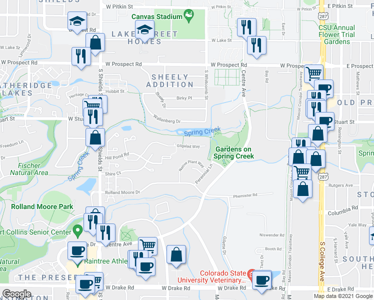 map of restaurants, bars, coffee shops, grocery stores, and more near 633 Gilgalad Way in Fort Collins