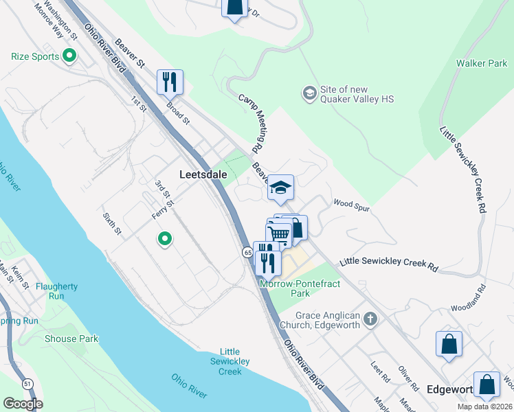map of restaurants, bars, coffee shops, grocery stores, and more near 158 Victory Ln in Leetsdale