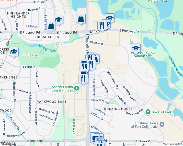 map of restaurants, bars, coffee shops, grocery stores, and more near 2103 Blackbird Drive in Fort Collins