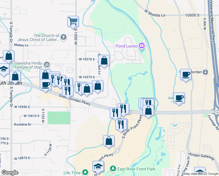 map of restaurants, bars, coffee shops, grocery stores, and more near 10293 South Jordan Creek Drive in South Jordan