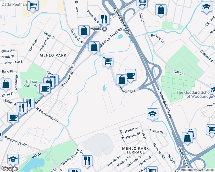 map of restaurants, bars, coffee shops, grocery stores, and more near 170 South Wood Avenue in Woodbridge Township