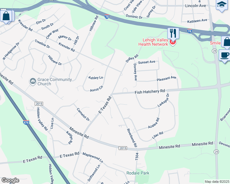 map of restaurants, bars, coffee shops, grocery stores, and more near 4110 East Texas Road in Allentown