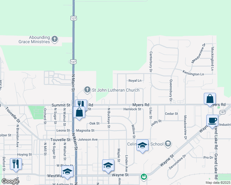 map of restaurants, bars, coffee shops, grocery stores, and more near 1117 Princeton Avenue in Celina