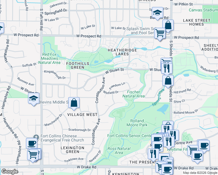map of restaurants, bars, coffee shops, grocery stores, and more near 1542 Freedom Lane in Fort Collins