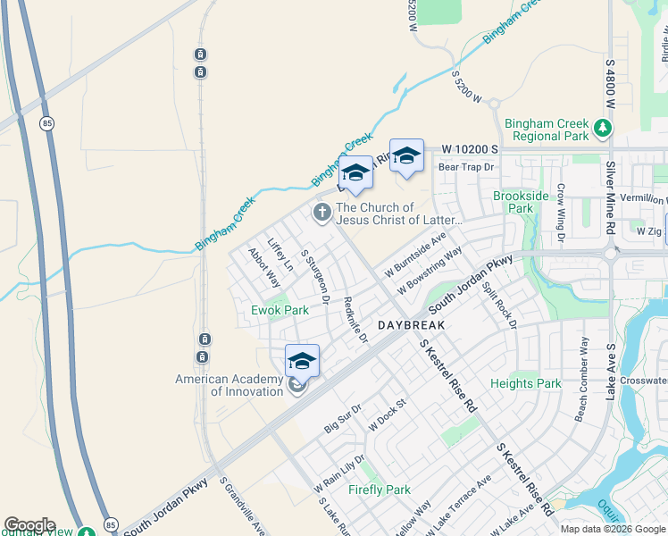 map of restaurants, bars, coffee shops, grocery stores, and more near 10436 Redknife Drive in South Jordan