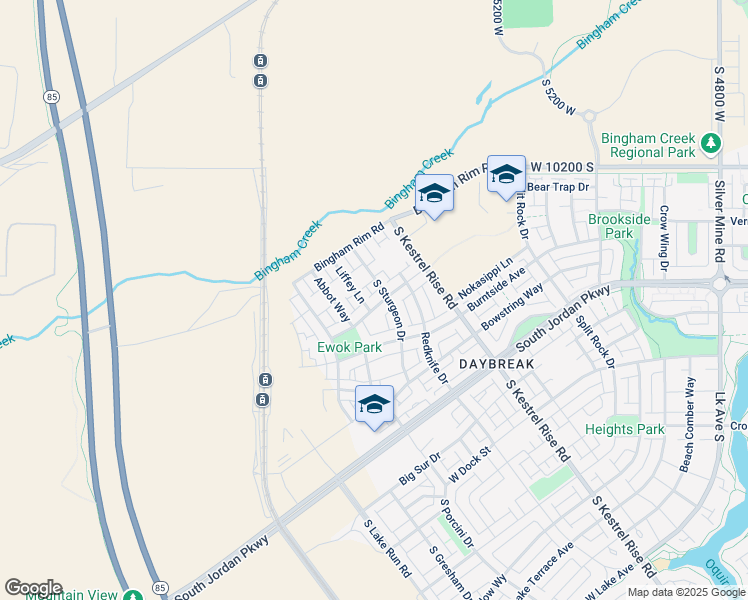map of restaurants, bars, coffee shops, grocery stores, and more near 5412 West Copper Needle Way in South Jordan