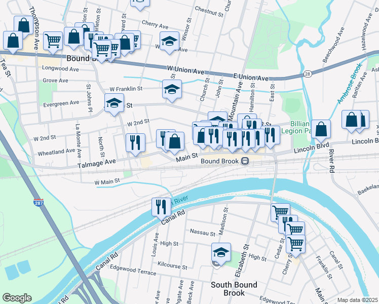 map of restaurants, bars, coffee shops, grocery stores, and more near 17-19 Main Street in Bound Brook
