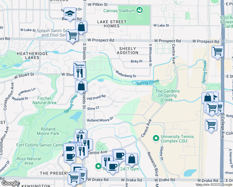 map of restaurants, bars, coffee shops, grocery stores, and more near 812 Shire Court in Fort Collins