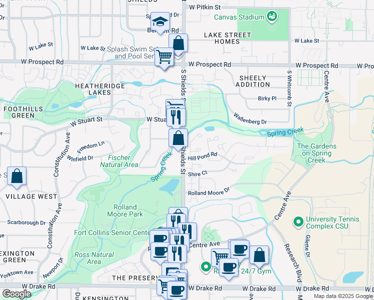 map of restaurants, bars, coffee shops, grocery stores, and more near 1935 Waters Edge Street in Fort Collins