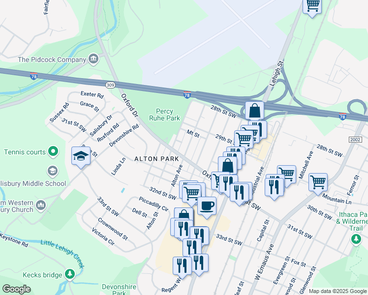 map of restaurants, bars, coffee shops, grocery stores, and more near 2945 Alton Avenue in Allentown