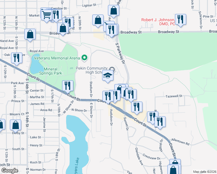 map of restaurants, bars, coffee shops, grocery stores, and more near 1903 Court Street in Pekin