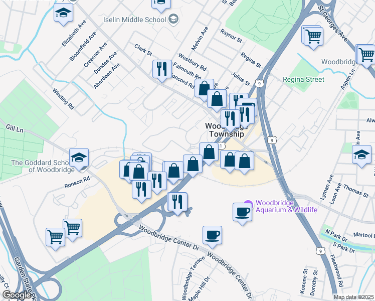 map of restaurants, bars, coffee shops, grocery stores, and more near 202 Hampton Lane in Woodbridge Township