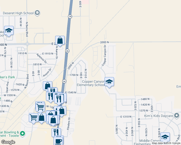 map of restaurants, bars, coffee shops, grocery stores, and more near 1727 North Patchwork Avenue in Tooele