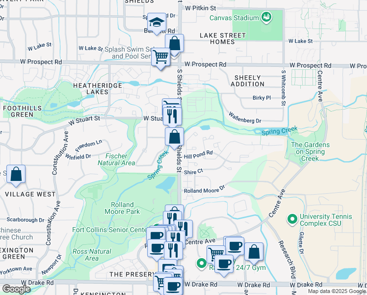 map of restaurants, bars, coffee shops, grocery stores, and more near in Fort Collins