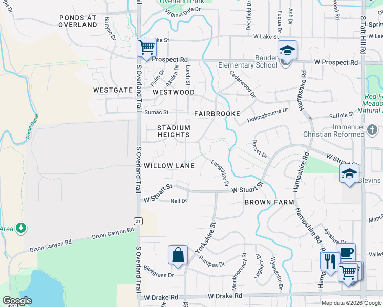 map of restaurants, bars, coffee shops, grocery stores, and more near 2001 White Rock Court in Fort Collins