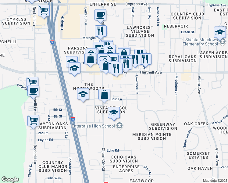 map of restaurants, bars, coffee shops, grocery stores, and more near 3171 Churn Creek Road in Redding