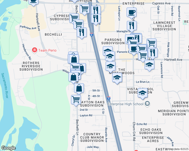 map of restaurants, bars, coffee shops, grocery stores, and more near 668 Saginaw Street in Redding