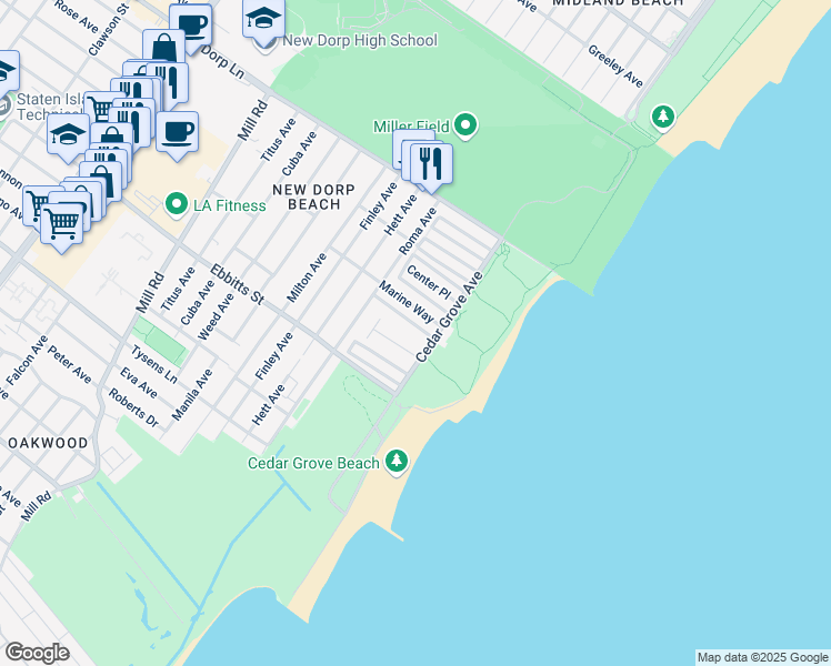 map of restaurants, bars, coffee shops, grocery stores, and more near 29 Cedar Grove Court in Staten Island