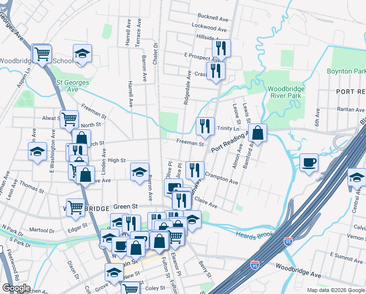 map of restaurants, bars, coffee shops, grocery stores, and more near 591 Ellis Place in Woodbridge Township