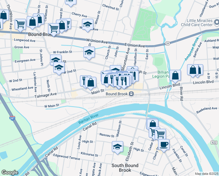 map of restaurants, bars, coffee shops, grocery stores, and more near 7 East Main Street in Bound Brook