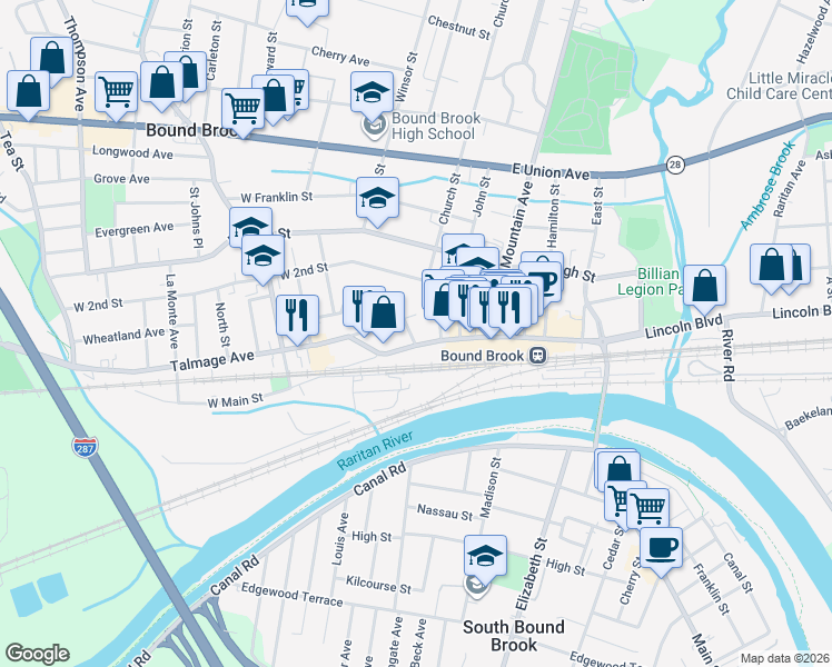 map of restaurants, bars, coffee shops, grocery stores, and more near 17-19 Main Street in Bound Brook