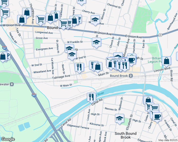 map of restaurants, bars, coffee shops, grocery stores, and more near 107 Talmage Avenue in Bound Brook