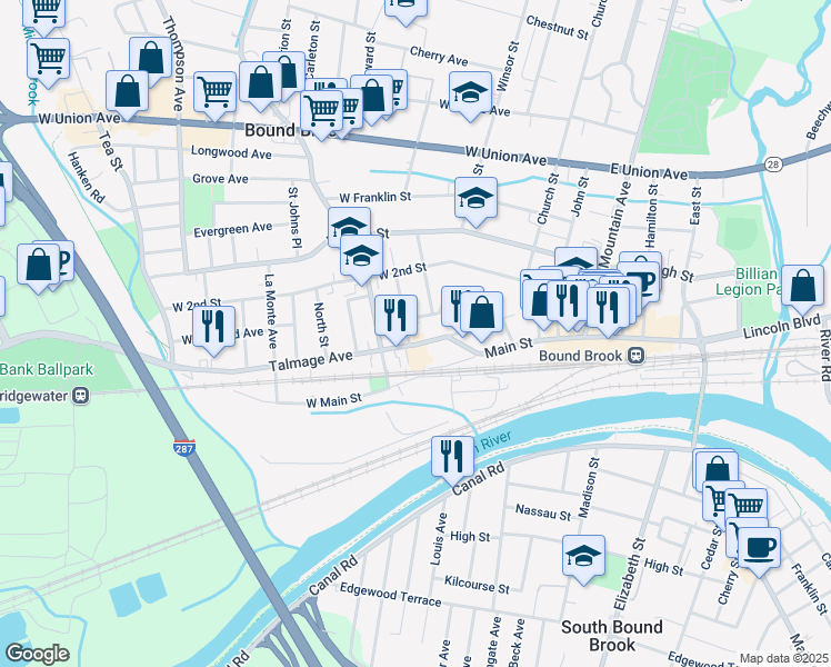 map of restaurants, bars, coffee shops, grocery stores, and more near 207 Talmage Avenue in Bound Brook