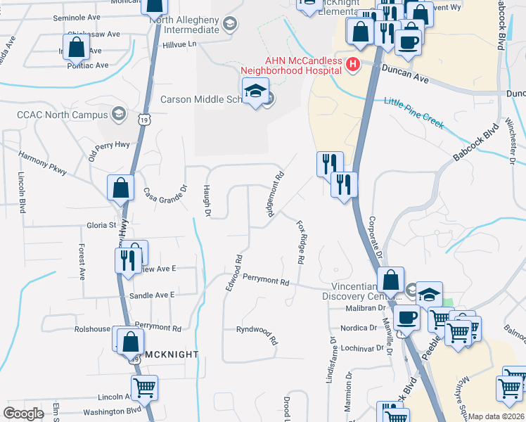 map of restaurants, bars, coffee shops, grocery stores, and more near 8459 Ridgemont Road in Pittsburgh