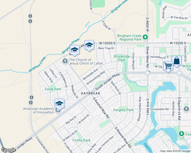 map of restaurants, bars, coffee shops, grocery stores, and more near 5156 Bowstring Way in South Jordan
