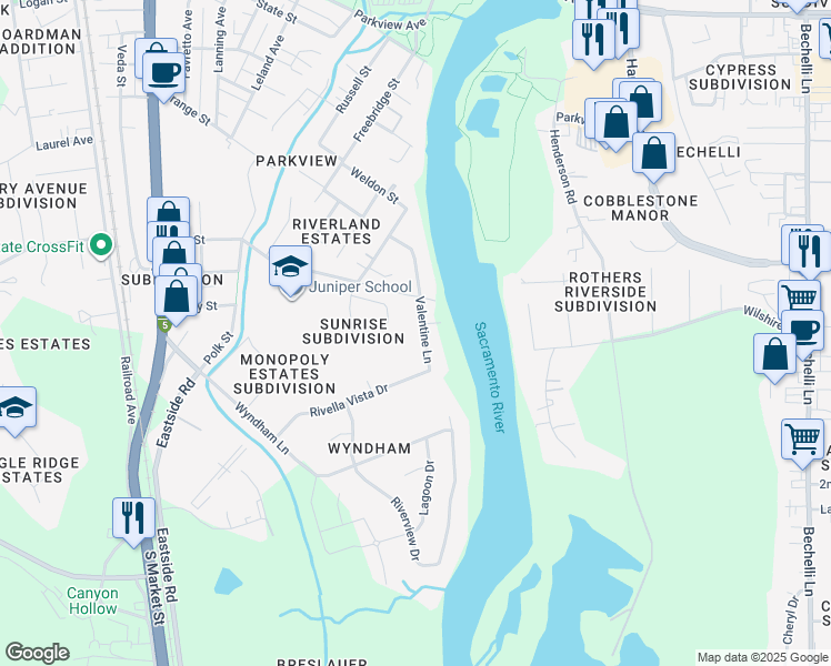 map of restaurants, bars, coffee shops, grocery stores, and more near 3125 Valentine Lane in Redding