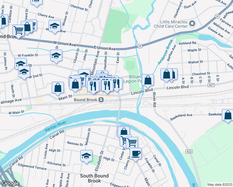 map of restaurants, bars, coffee shops, grocery stores, and more near 530 South Main Street in Bound Brook
