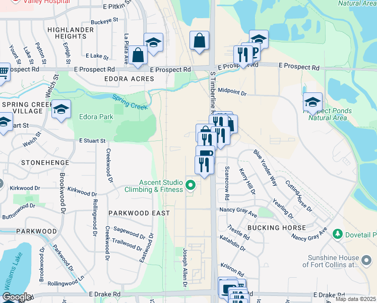 map of restaurants, bars, coffee shops, grocery stores, and more near 1925 South Timberline Road in Fort Collins