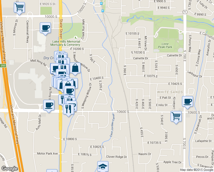 map of restaurants, bars, coffee shops, grocery stores, and more near 10462 South Sandy Sage Way in Sandy