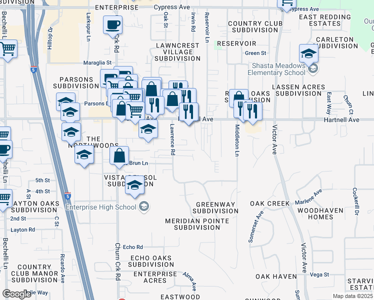 map of restaurants, bars, coffee shops, grocery stores, and more near 3149 Lawrence Road in Redding