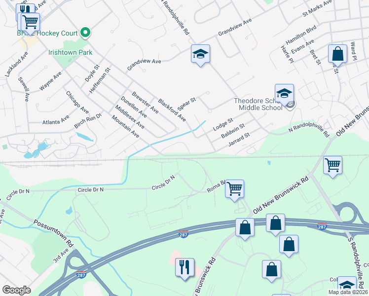 map of restaurants, bars, coffee shops, grocery stores, and more near 27 East Burgess Drive in Piscataway