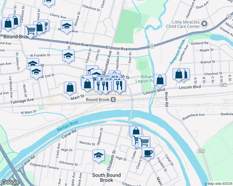 map of restaurants, bars, coffee shops, grocery stores, and more near 403 East Main Street in Bound Brook