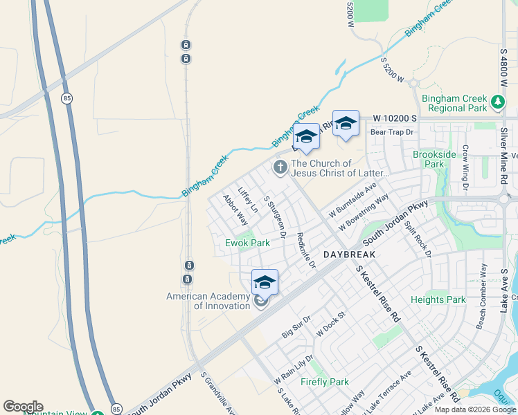 map of restaurants, bars, coffee shops, grocery stores, and more near 5412 West Copper Needle Way in South Jordan