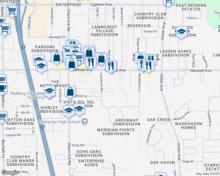 map of restaurants, bars, coffee shops, grocery stores, and more near 3149 Lawrence Road in Redding
