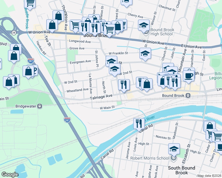 map of restaurants, bars, coffee shops, grocery stores, and more near 17 Fisher Avenue in Bound Brook