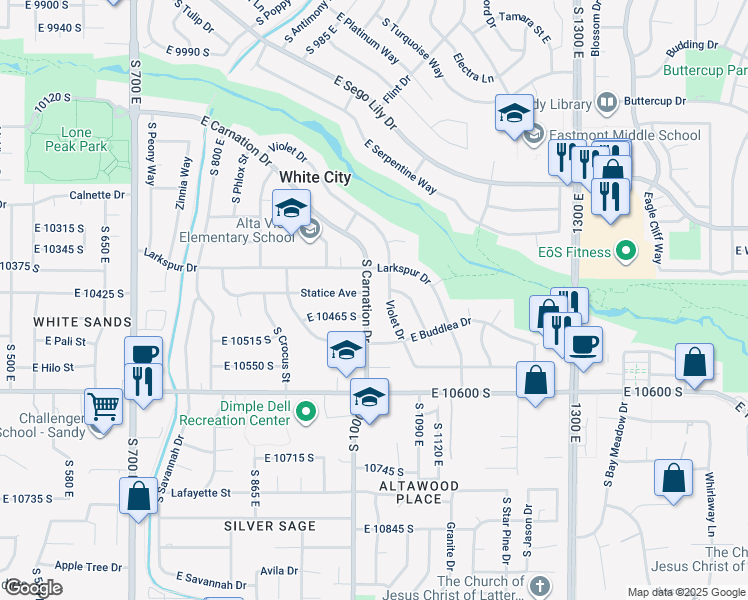 map of restaurants, bars, coffee shops, grocery stores, and more near 10433 South Carnation Drive in Sandy