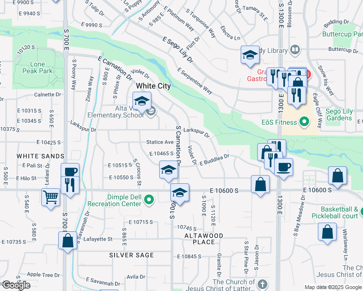 map of restaurants, bars, coffee shops, grocery stores, and more near 10433 South Carnation Drive in Sandy