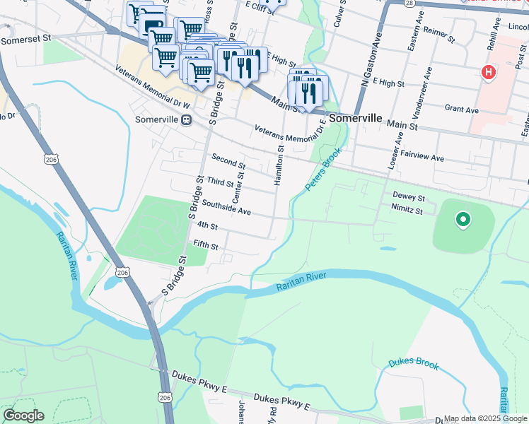 map of restaurants, bars, coffee shops, grocery stores, and more near 87 Southside Avenue in Somerville