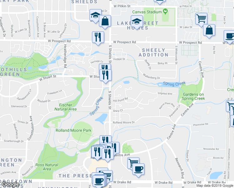 map of restaurants, bars, coffee shops, grocery stores, and more near 1001 Wind Trail in Fort Collins