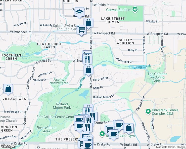 map of restaurants, bars, coffee shops, grocery stores, and more near in Fort Collins