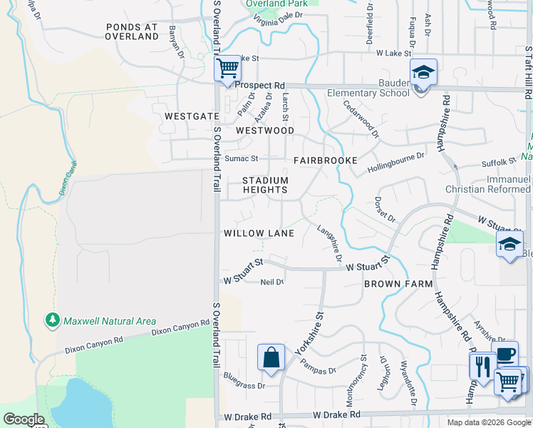 map of restaurants, bars, coffee shops, grocery stores, and more near 2900 Ross Drive in Fort Collins