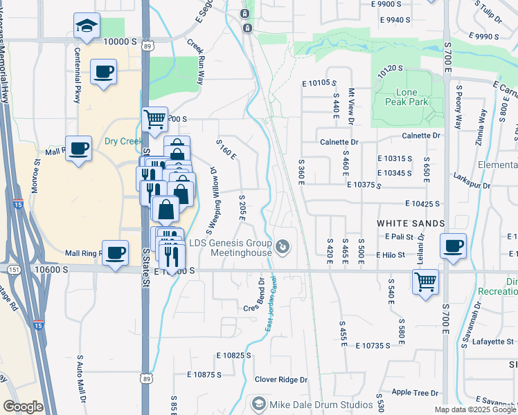 map of restaurants, bars, coffee shops, grocery stores, and more near 10462 South Sandy Sage Way in Sandy