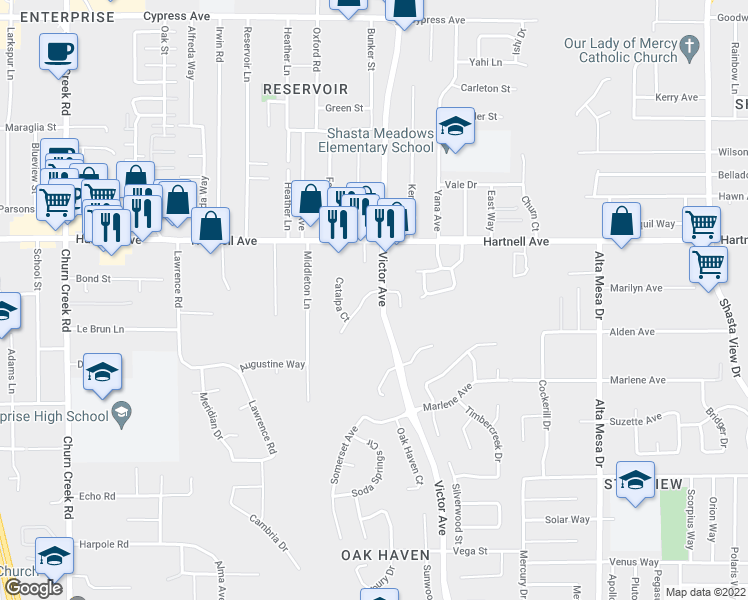 map of restaurants, bars, coffee shops, grocery stores, and more near 1655 Bramble Place in Redding