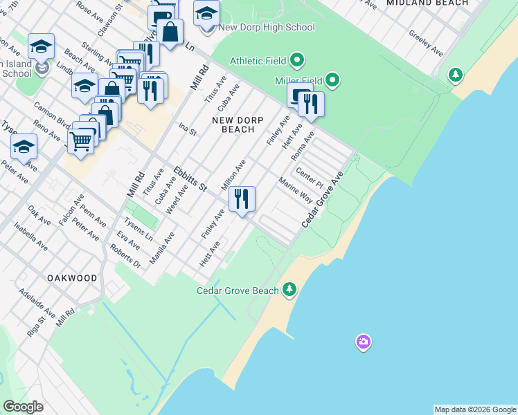 map of restaurants, bars, coffee shops, grocery stores, and more near 5 Milbank Road in Staten Island